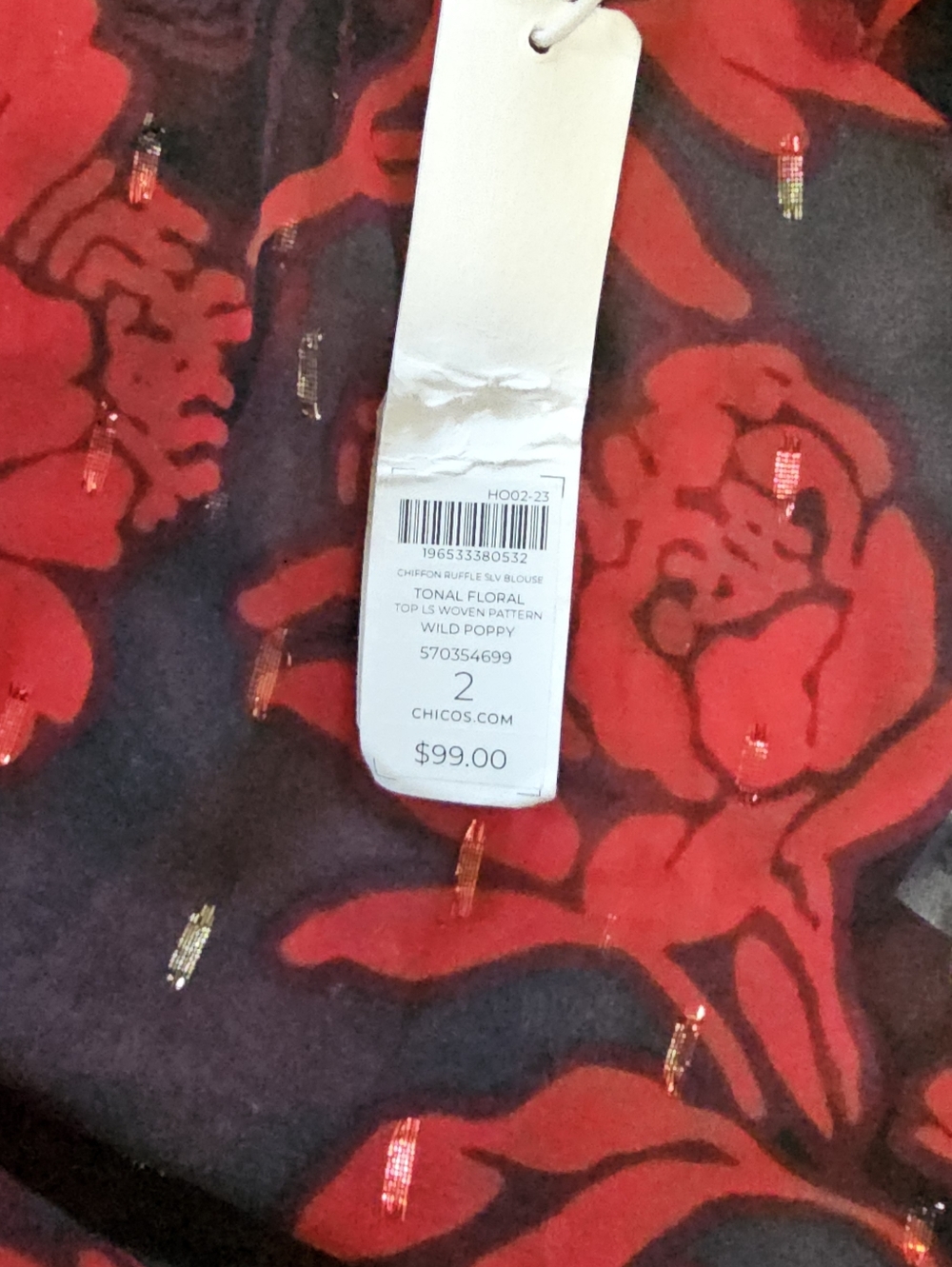 Chicos Sheer Red Black Floral Ruffled Blouse NWT 2 - Picture 16 of 16